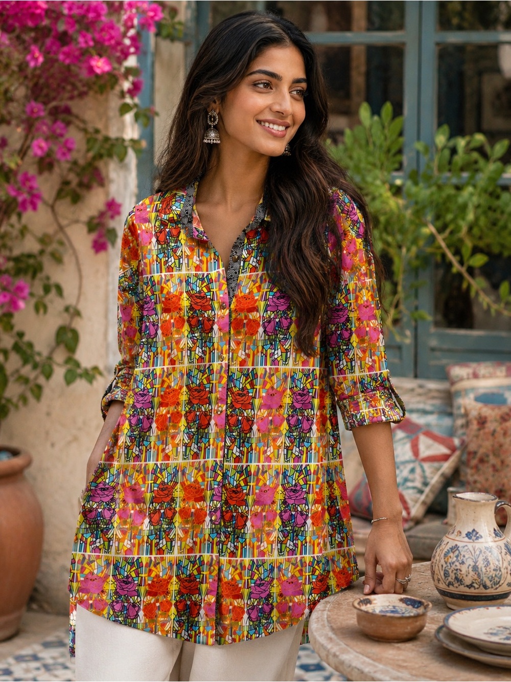 Rang Ja Colorful Stained Glass Floral Print Button Front Tunic Shirt Size Small